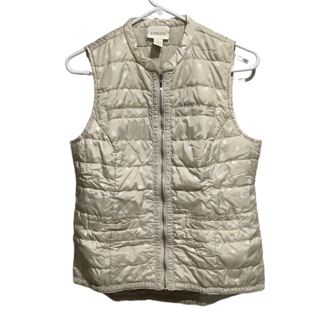 Chico’s Polka-Dot Quilted Puffer Vest Beige Full Zip Outerwear